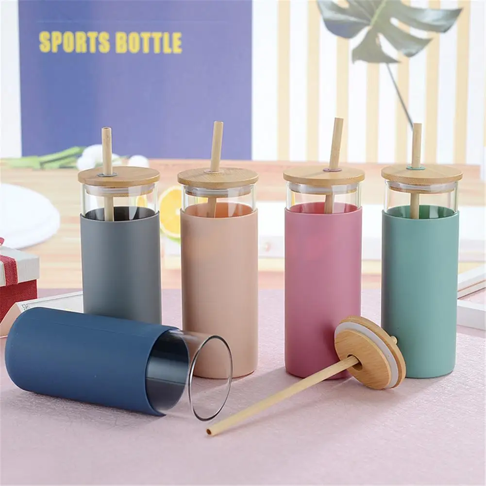 450ml Water Bottle Drink Juice Straw Cup Kettle Bamboo Cover Silicone Case Transparent Coffee Tea Drinkware | Дом и сад