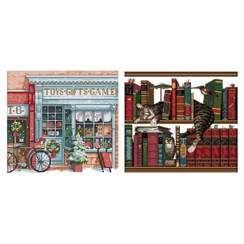 

2 Set Diy Handmade Needlework Counted Cross Stitch Set Embroidery Kit Home Decoration 14Ct - Cat on Bookshelf Pattern 40 x 36Cm