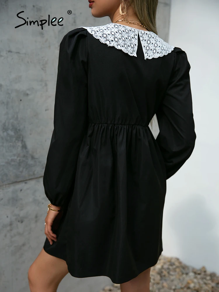 Vestido Vintage negro de encaje para mujer, minivestido holgado de cintura alta con cuello en V y cuello de peter pan, manga abombada 5