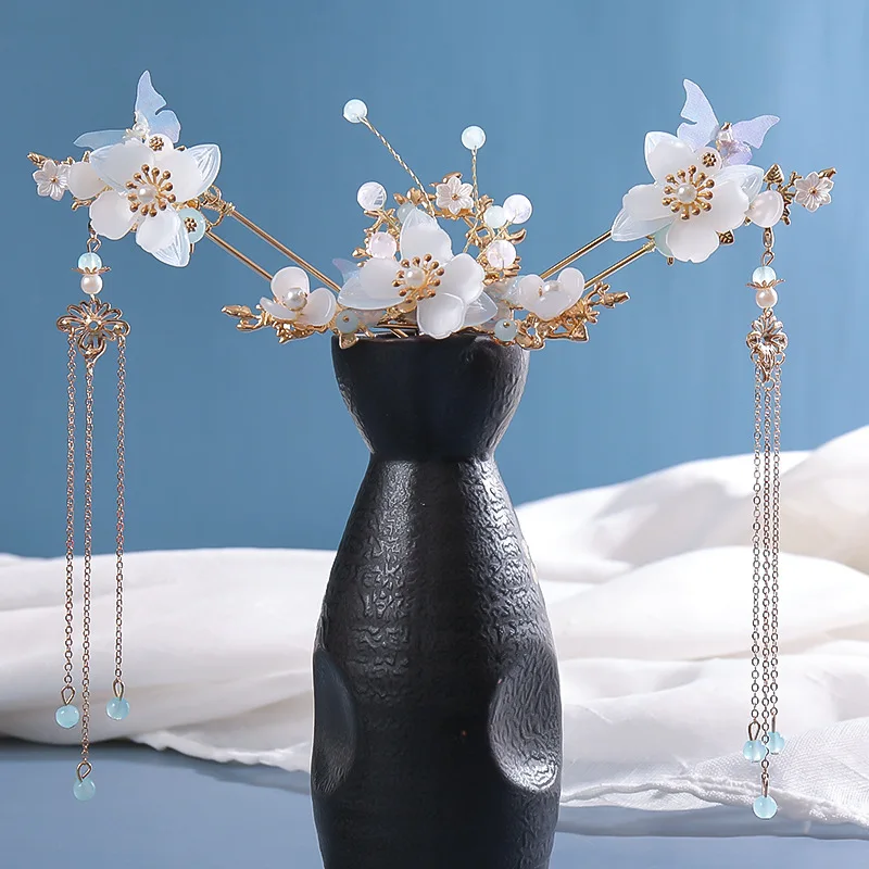 Hair accessory Chinese Hanfu long fringed vintage hairpins flower handmade hair sticks women traditional retro jewelry set