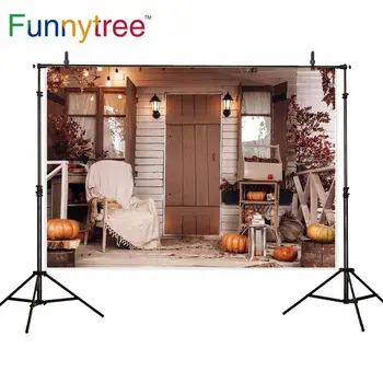 

Funnytree Photography Backdrop Autumn Pumpkin Home Wood Door Courtyard Background Photobooth for Baby Photophone Photo Studio