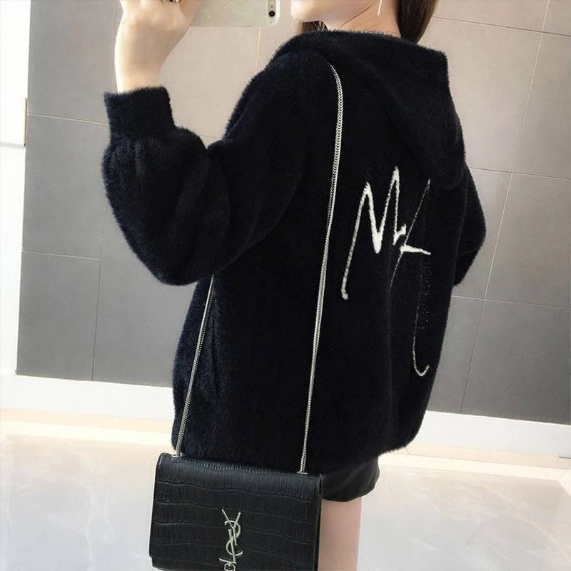 Women Mink Fur Jacket Autumn Winter Women Coat Loose Embroidered Thick Velvet Hooded Sweater Female Cardigan