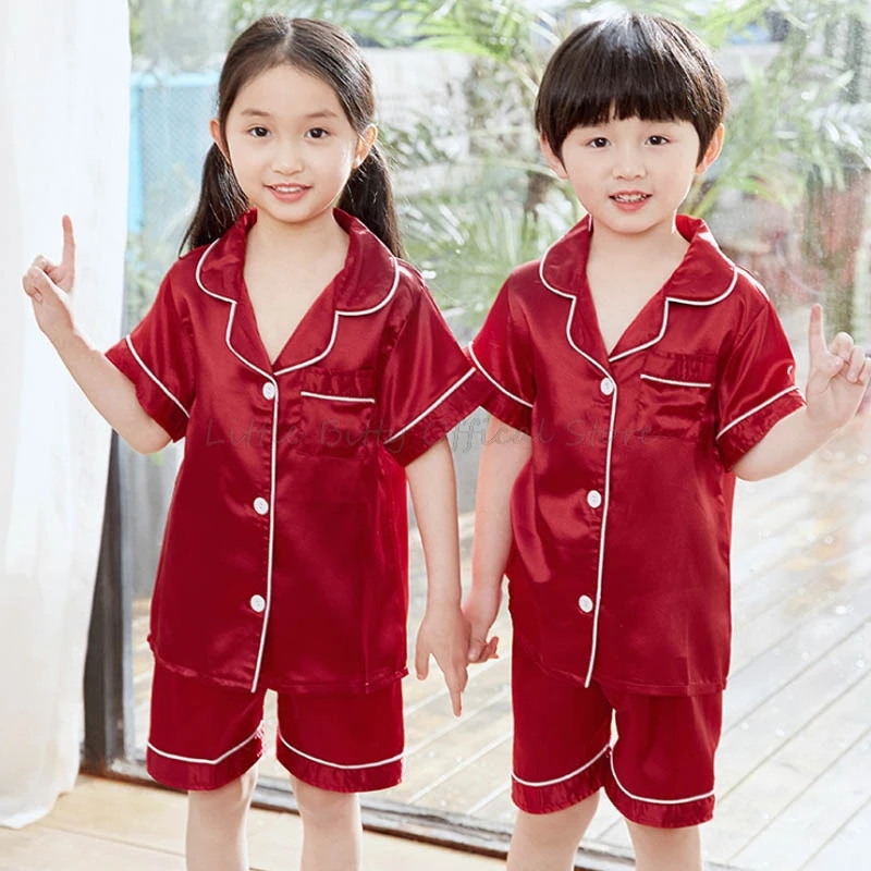 Cotton Pajamas Set Summer Short Sleeve Pink Satin Silk Pajama Sets Toddler Girls Clothing Sets Sleepwear Kids Girl Pijama for 2-14Years