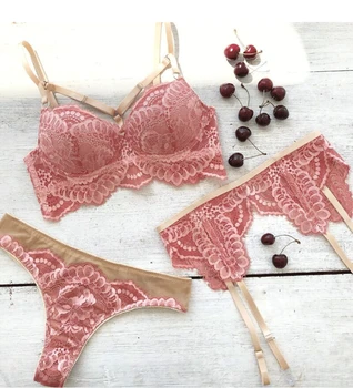 

Women Sexy Lingerie Set 3PCS Lace Bra Panties Babydoll Open Bra Set G-String Underwear Women Nightwear Brief Sets