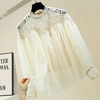 

Pleated Lantern Sleeve Lace Joint Hollow Out Transparent Fairy Mesh Shirt Loose-Fit Elegant Sweet Mesh Blouse Girls Ladies Tops