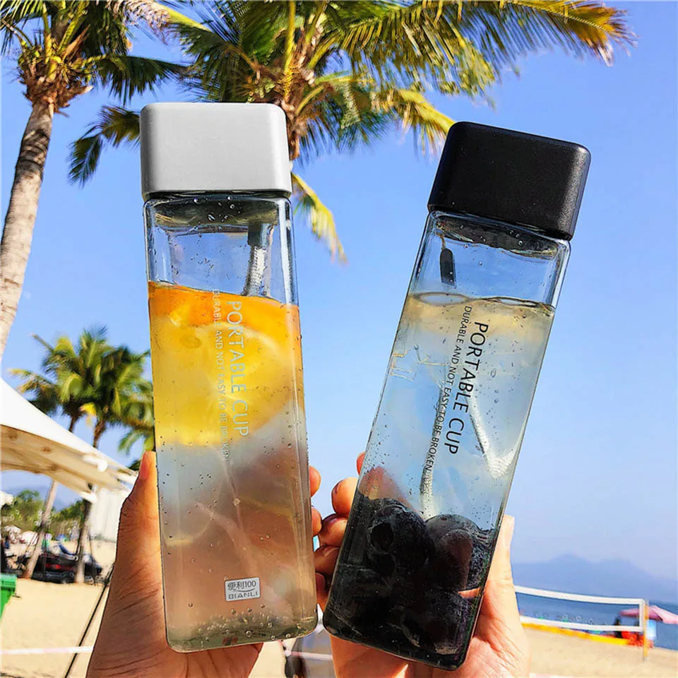

Colorful Plastic Water Bottles 480/300ml Cute Bottles with Rope Transparent Sport Portable Cup Korean Style Drinkware For Adults