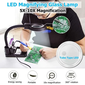 

EU Plug 220V Crafts Glass Lens LED Desk Magnifier Lamp Light 5X 10X Magnifying Desktop Loupe Repairing Tools with 36 LEDs Stand