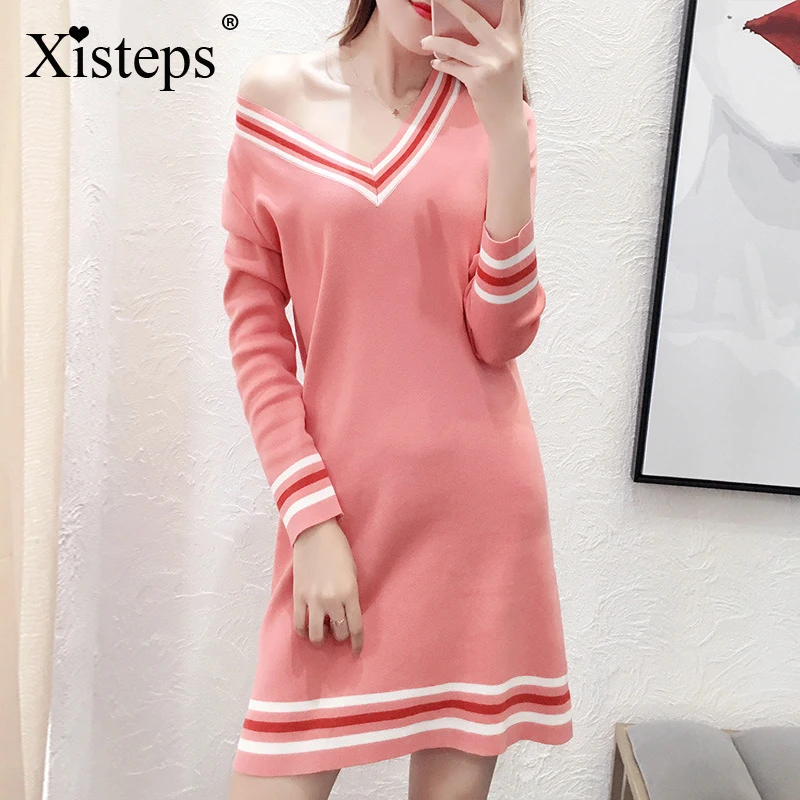

Xisteps Sweet Knitted Women Dress V Neck Long Sleeve Under Wear Long straight pink New 2020 Autumn S-2xl Casual All Match