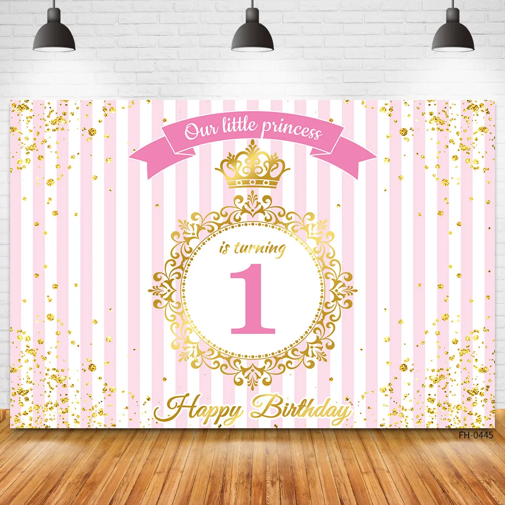 Custom Name Gold Crown Pink Stripe Photo Background Newborn Baby Shower Boy Girl 1st Birthday Party Banner Backdrops Photography |