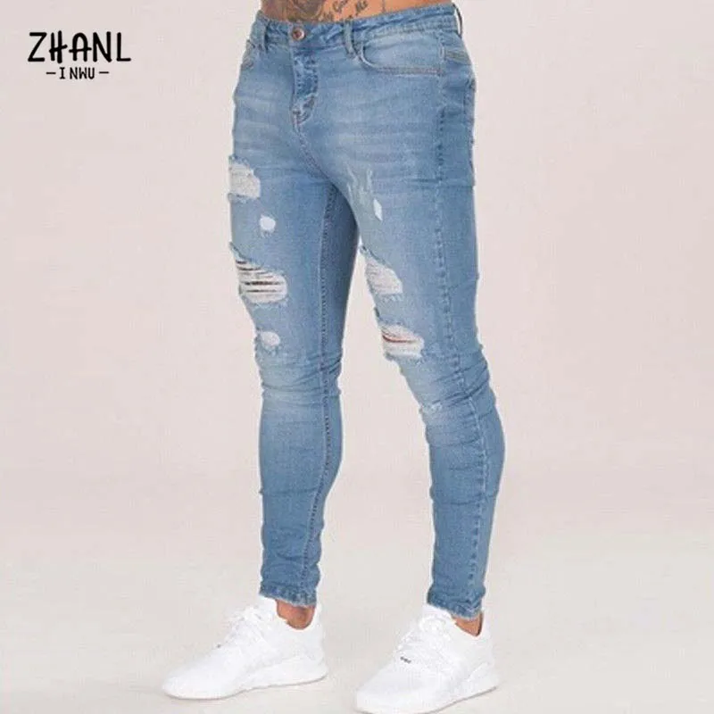 Mens Jeans White High Elastic Waist Skinny Cowboy Trousers Streetwear Slim Biker Blue Ripped Pencil Pants Male Sweatpants Autumn