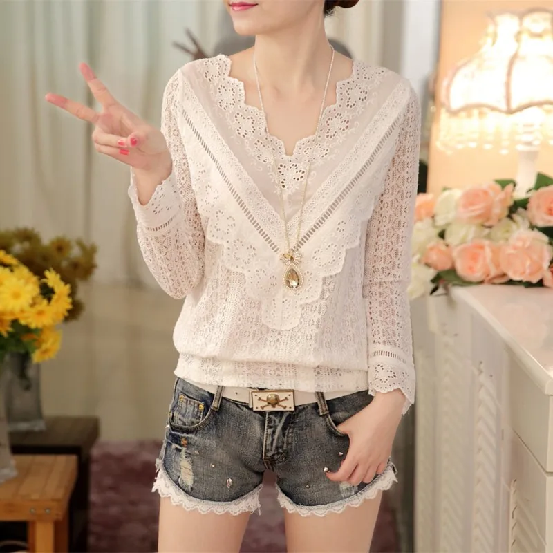 

2019 Spring and autumn Korean women blouse V neck long sleeve slim lace female shirt Mori Girls crochet ropa mujer blusa social