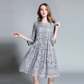 

LANMREM Gray Round Neck Hollow flare Sleeve High Waist Loose Plus Woman Lace Dress Sweet Simple Fashion 2020 summer New TV903