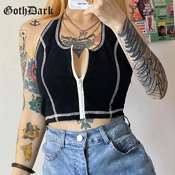 

Goth Dark Gothic Sexy Halter Tops Zipper Front Black or White Patchwork Punk Cotton Crop Tops Backless Women Sleeveless Clubwear