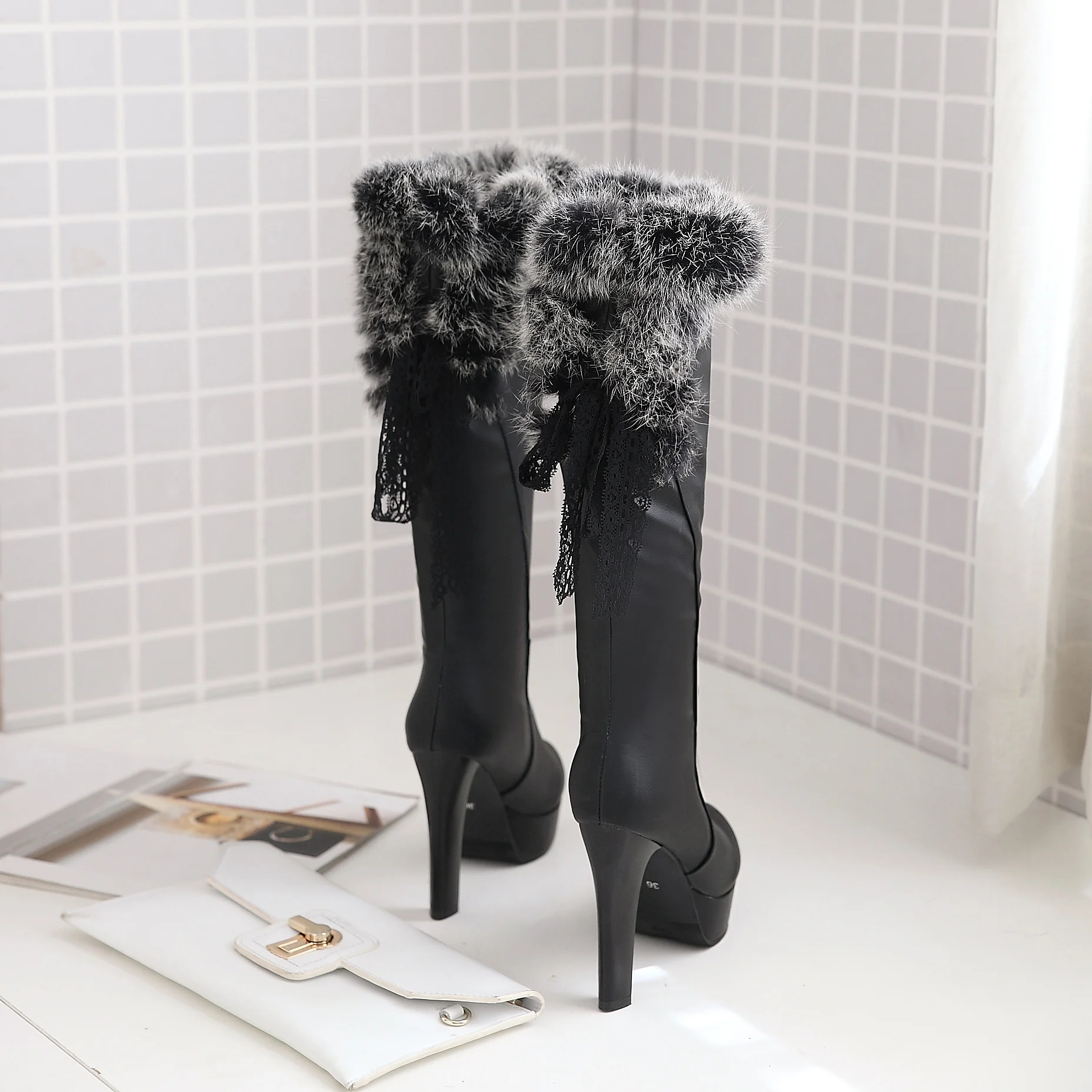 New winter high heel boots snow boots rabbit hair to knee knee round toe boots warm stylish size 34-43