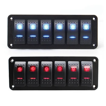 

6 Gang 2LED Light Rocker Switch Panel Circuit Breaker 12V-24V Boat Marine & Blue LED