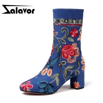 

ZALAVOR New Embroidery Women Mid Calf Boots Side Zipper Square Heels Shoes Fashion Ethnic Style Women Footwear Size 34-43