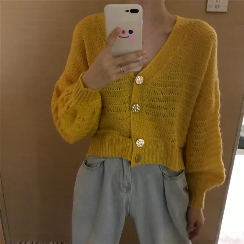 Осенние новые однобортные кроп топы с v-образным вырезом и длинными рукавами кардиганы в Корейском стиле женская одежда модный бренд вязаные свитера