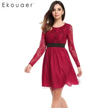 

Women Long Sleeve Vintage Dress Mini Floral Lace Mesh Spring Autumn Patchwork A-Line Club Party Dress