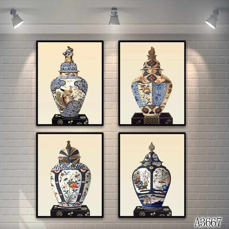 

Abstract Oil Painting Print on Canvas 4pcs Blue and White Porcelain Canvas Art Printing Painting Wall Art Picture for Home Decor