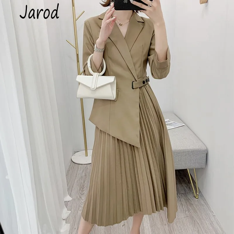 

High Quality 2019 Autumn New Women 3/4 Sleeve Notched Stitching Side buckle Pleated Hem Mid Calf Dress OL Work Wear Suits Dress