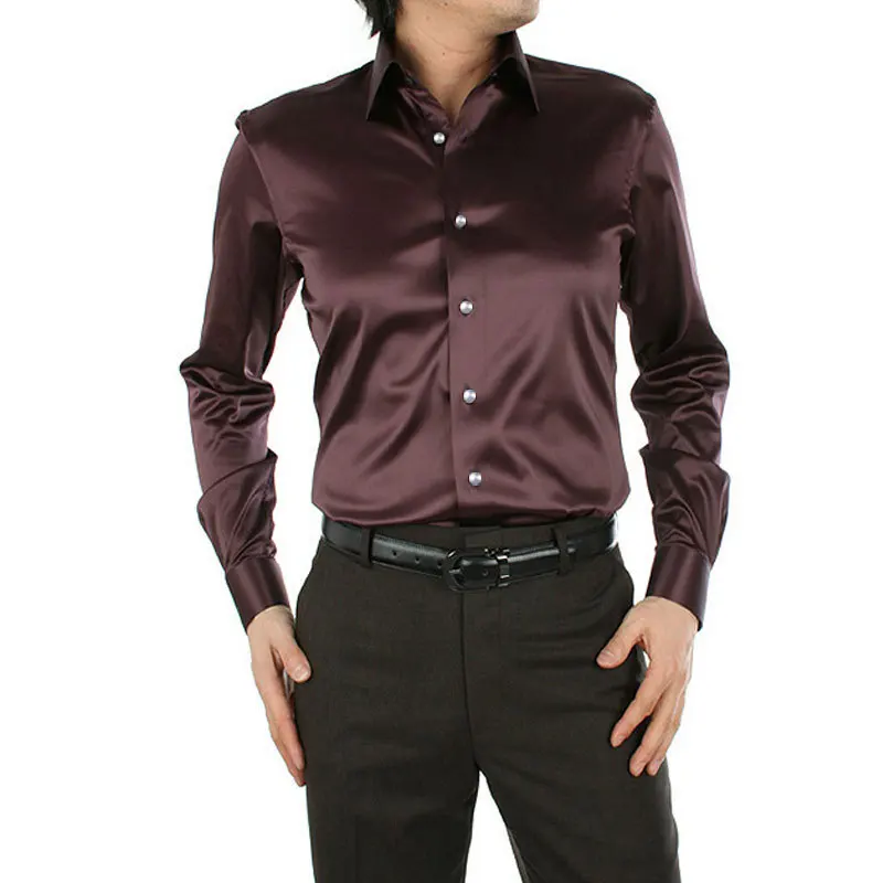 2018 Мужская шелковая рубашка имитация шелка атласная эластичная сила с длинным рукавом шелковая рубашка вечерняя Вечеринка свидание