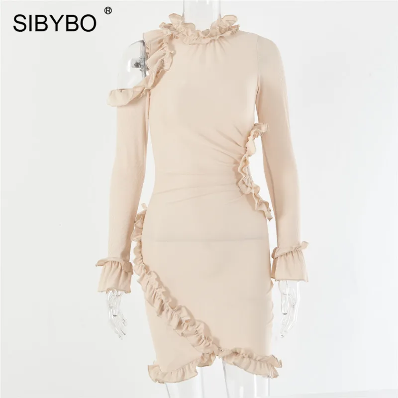 As Shown SIBYBO ажурное кружевное ребристые сексуальное платье с мини-юбкой и длинным рукавом осеннее женское платье цельное платье облегающее платье вечерние платья - Цвет: As Shown