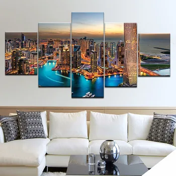 

5 Pieces New York City Building Sunset Landscape Painting Home Decor Prints Pictures Modular Canvas Poster Wall Art Framework