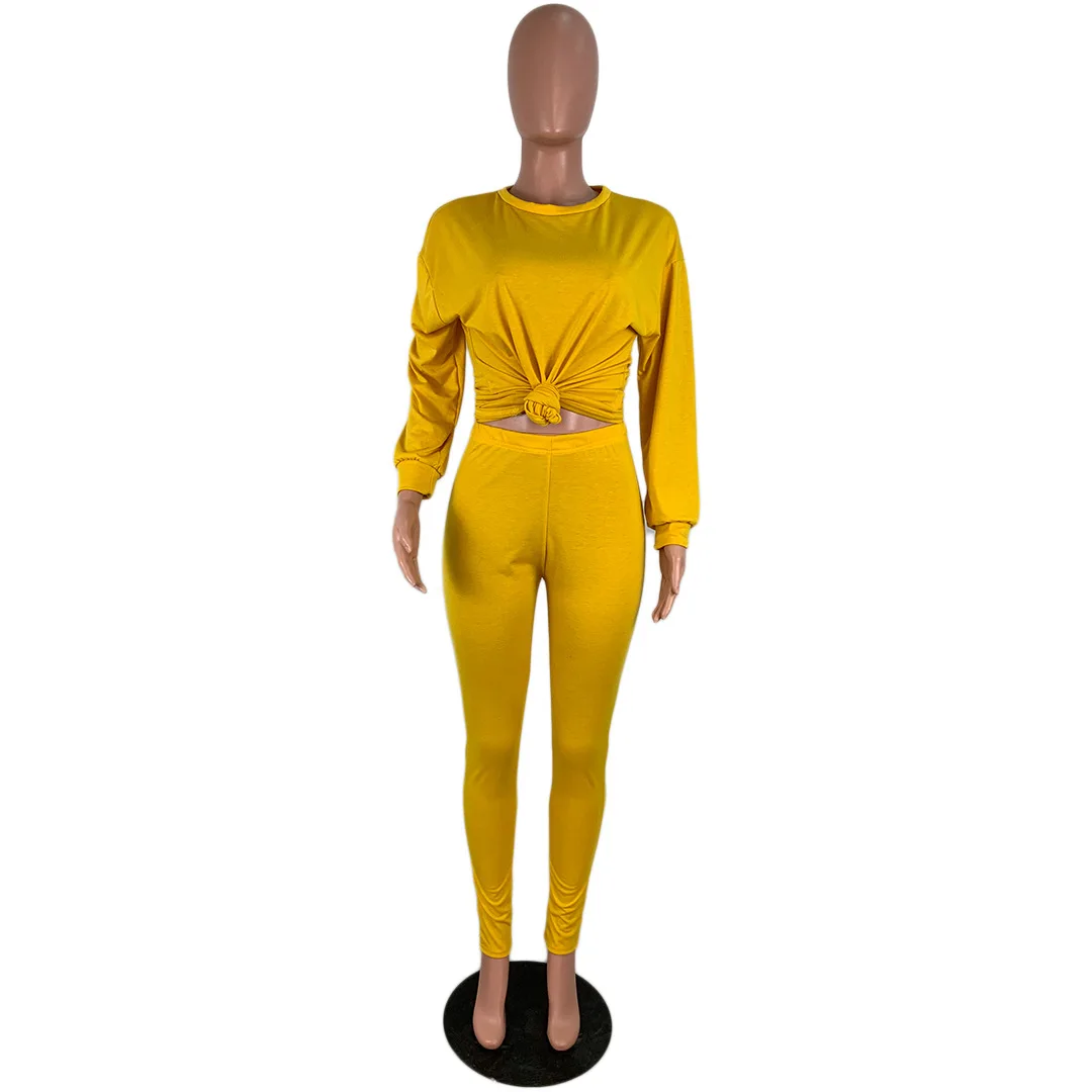 Yellow HAOYUAN, повседневный комплект из двух предметов, спортивный костюм, женская осенняя одежда, длинный рукав, бандажный топ+ штаны, наряд для дня рождения, комплект из 2 предметов - Color: Yellow