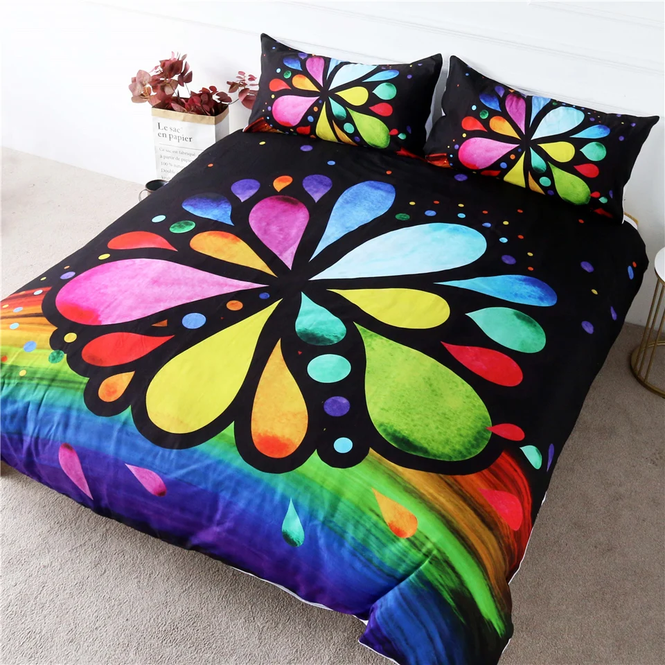

HM Life Bedding Sets Rainbow 7 Chakra Flower Comforter Cover Petal Colorful Home Textiles 3-Piece Watercolor Soft Bedclothes