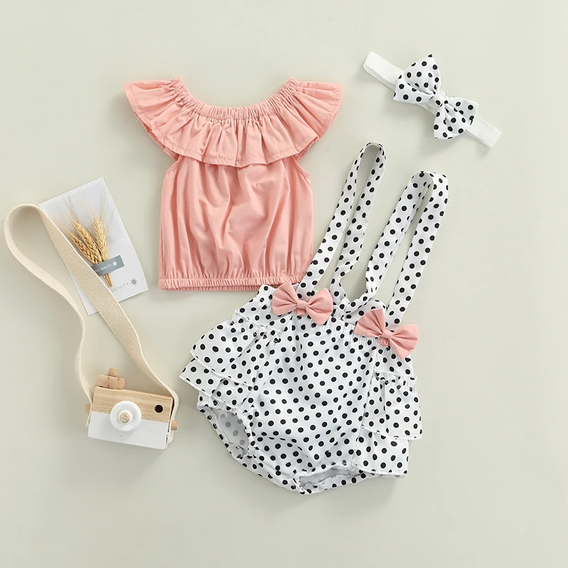 warm Baby Clothing Set 2022 3Pcs Baby Girls Outfits Summer Clothes Off Shoulder Ruffle Tops Suspender Shorts Headband Newborn Set vintage Baby Clothing Set