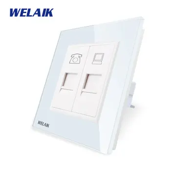 

WELAIK Crystal-Glass-Panel 1Frame-EU CAT6 RJ45 Socket-Wall-Socket-Telephone Computer-socket A18TPCOW