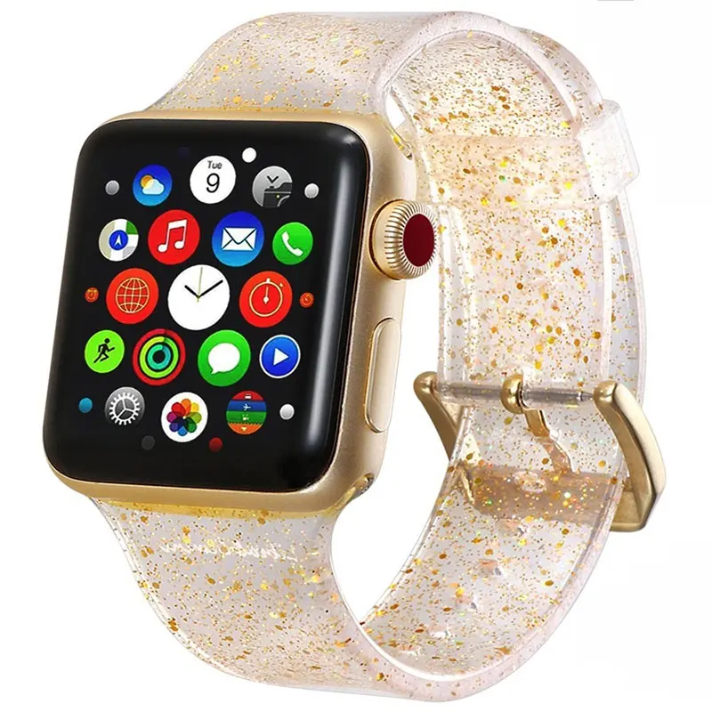 Модный Красочный силиконовый блестящий браслет для наручных часов Apple Watch 4 3 2 серии для Для женщин Для мужчин праздничные подарки на день рождения водостойкий ремешок - Цвет ремешка: Gold