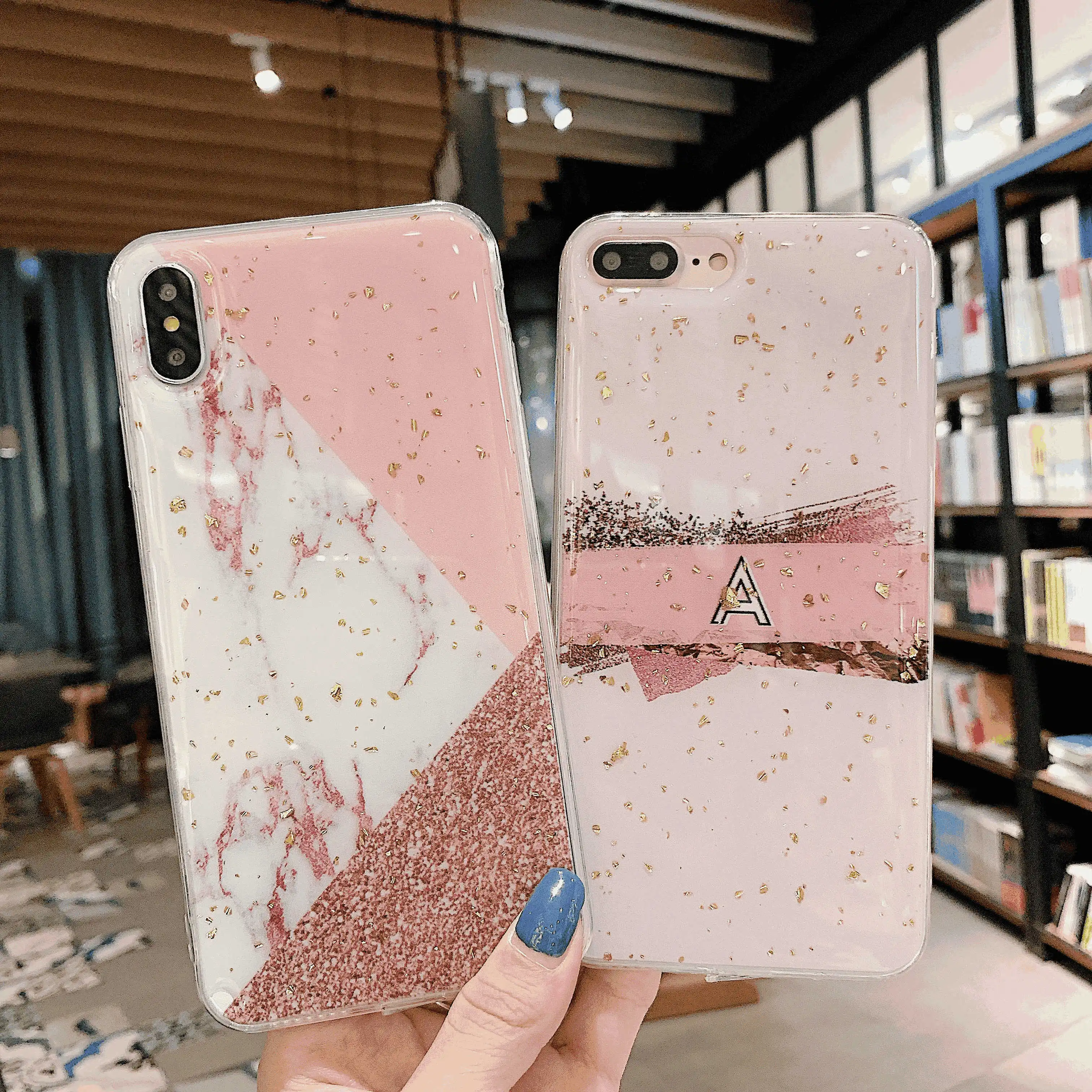 Bling Sequins Pink Gold Foil Marble phone case For iphone 6 6S 7 8 Plus X XS 11 Pro MAX XR Back Cover With Glass Film |