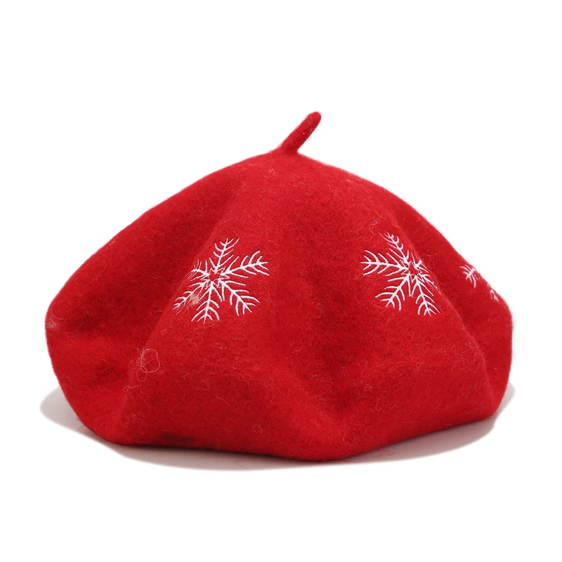 Red Женский берет, шапки, шерсть, вышитые снежинки, береты, элегантные женские зимние шапки, теплый капот, винтажная шапка художника, рождественский подарок - Цвет: Red