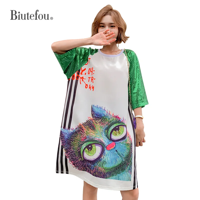 

2019 Summer fashion sequins dresses cartoon print women loose dresses