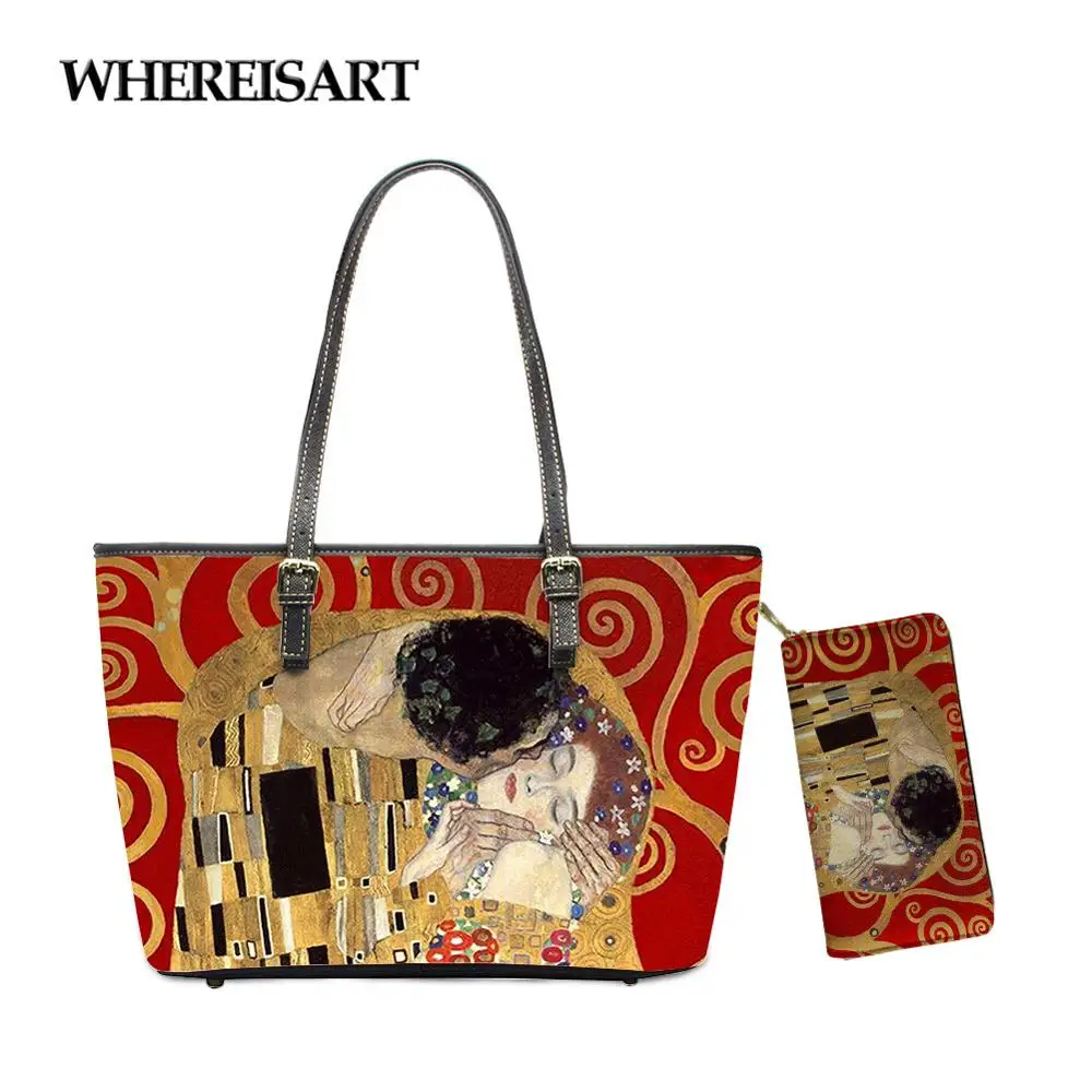 

WHEREISART Fashion Trend Women 2pcs Handbag Set Gustav Klimt The Kiss Pattern Print Luxury PU Leather Hand Bags Bolsa Feminina