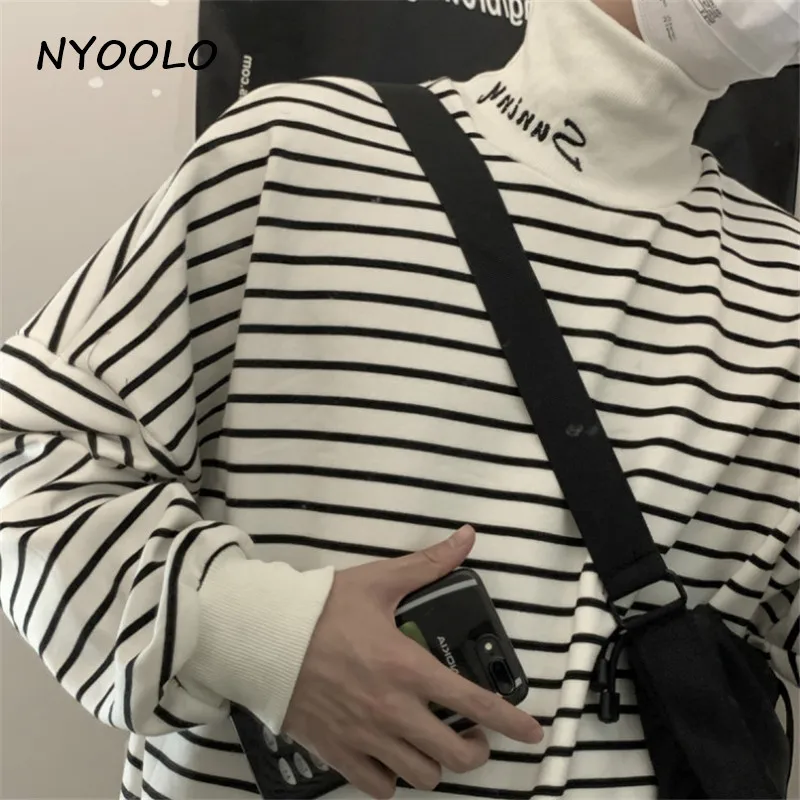 NYOOLO Harajuku уличные буквы вышивка полосатый толстый теплый худи осень зима свободные пуловеры водолазка Толстовка для женщин и мужчин