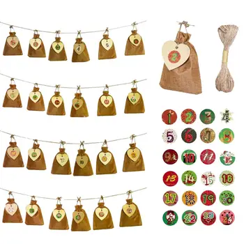 

24PCS Christmas Advent Calendar Countdown Bag Hanging Candy Gift Sacks Pouch With Stickers Rope For Home Christmas Decoration
