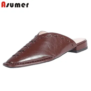 

ASUMER 2020 hot sale genuine leather shoes women slipper square toe fashion brand shoes spring summer low heels slipper woman