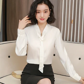 Korean Silk Women Blouses Women Satin Shirts Elegant Woman Long Sleeve ...