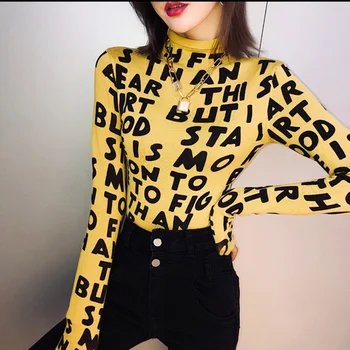 

Spring Summer Women Blouses Female Fashion Turtleneck Long Sleeve Elastic Shirts Ladies Casual Letter Printed Pullover Blouses