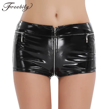 

Women Hot Pole Dance Booty Shorts Black Wetlook PVC Leather Boxershorts Sexy Zippered Open Crotch Festival Rave Micro Minishorts