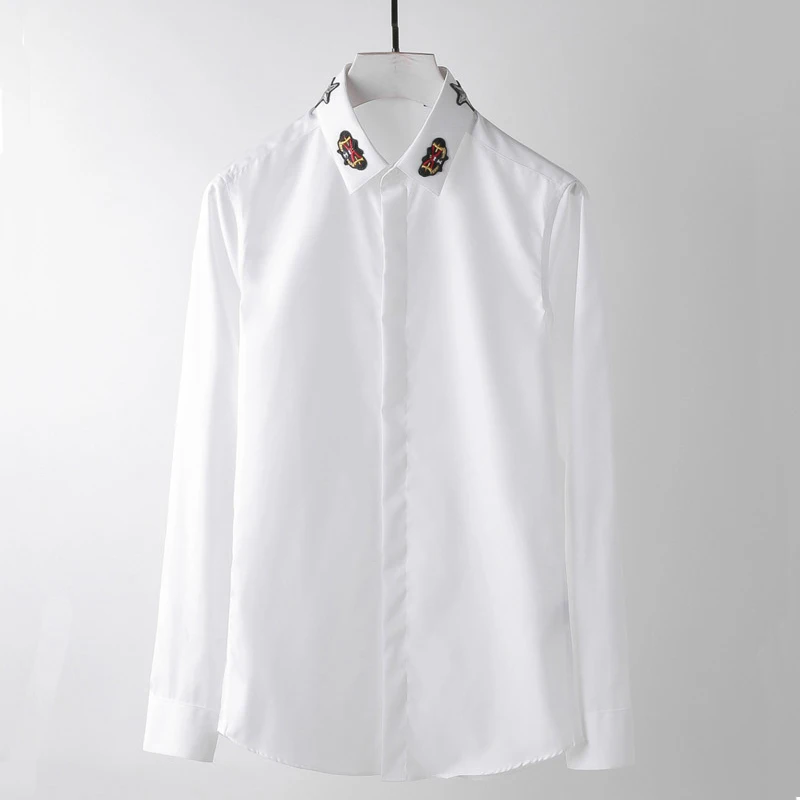 

Luxury Bee Ebmroidery Collar Long Sleeve Dress Fashion Slim Fit Casual Shirts Mens Plus Size 4xl