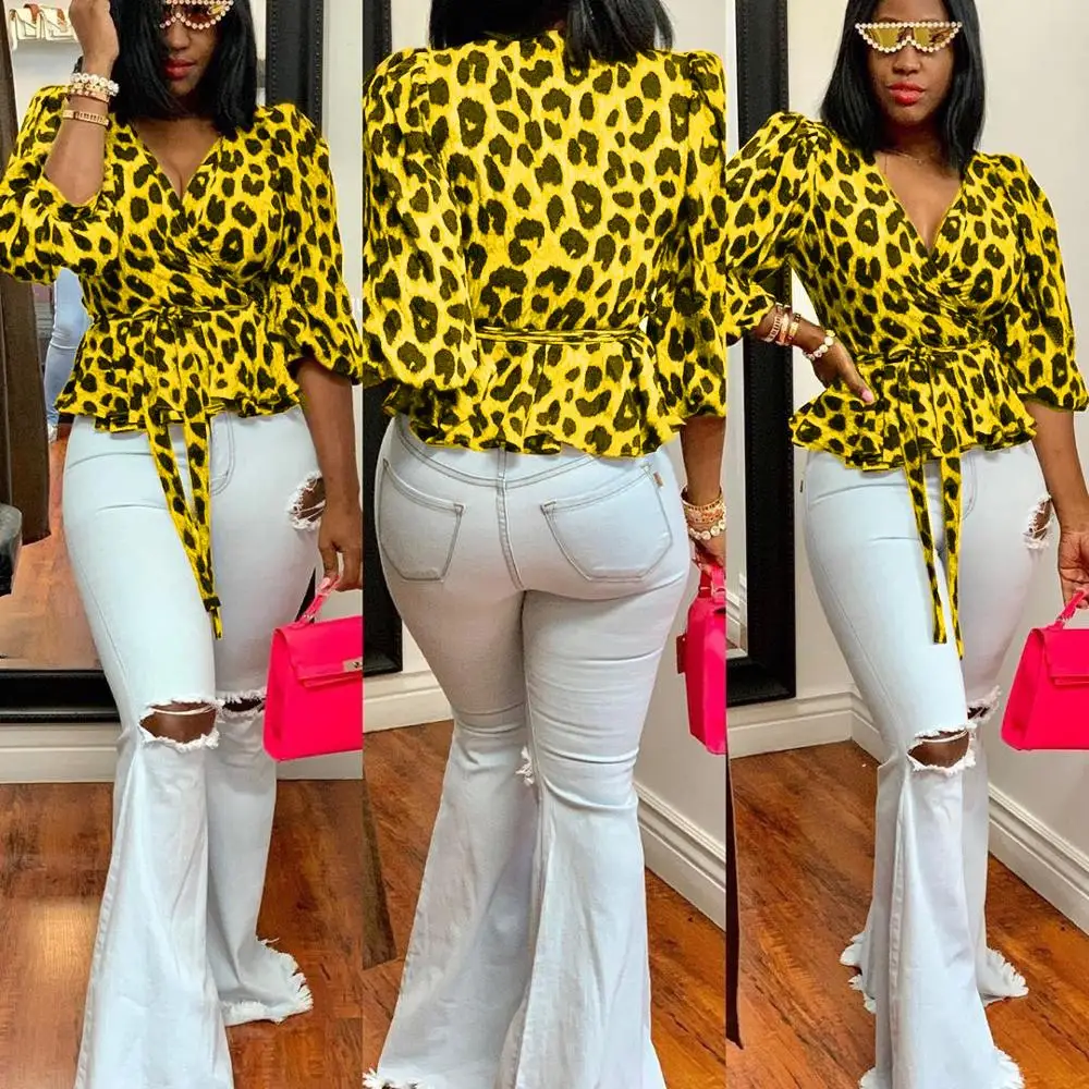 Цвет: желтый Женские зимние осенние Топы с v-образным вырезом и леопардовым принтом, топы с длинным рукавом и оборками, лоскутные блузы, сексуальные элегантные вечерние рубашки для ночного клуба - Цвет: Цвет: желтый