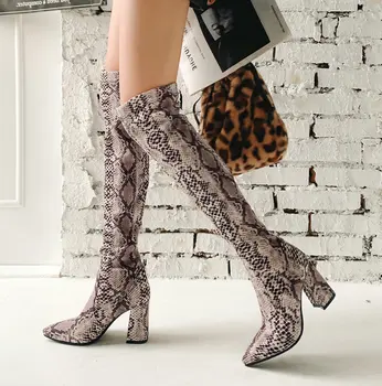 

Chunky Heel Stretch Boots Women Pointed Toe Snake Print Long Boots Ladies Winter Shoes Woman Brown Blue White Knee High Boots