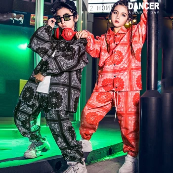 

Children'S Jazz Dance Costume Boys Black Red Print Suit Girls Hip Hop Autumn Street Dance Drum Performance Costumes Tide DL4834