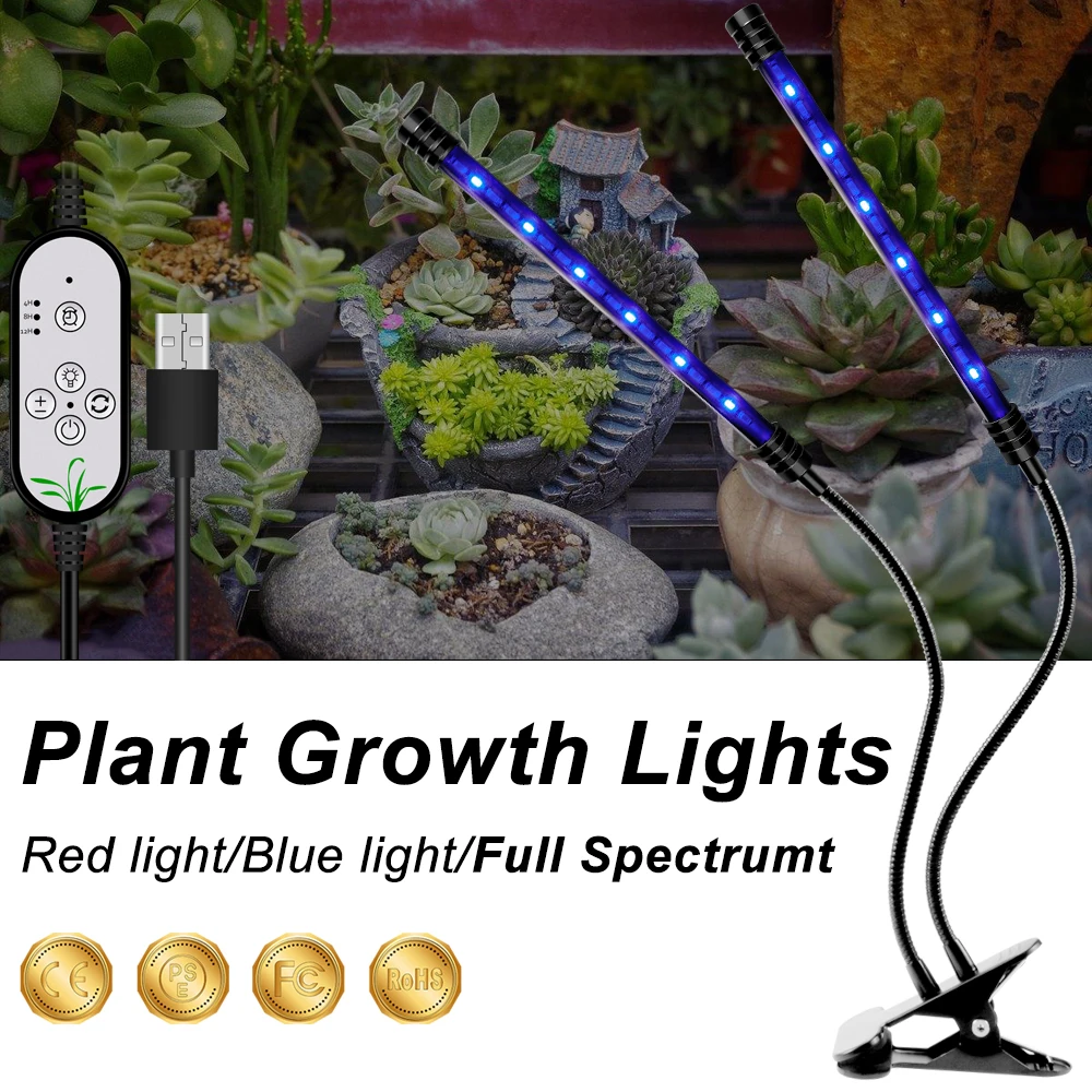 LED Plant Growth Lamp 5V USB Grow Light Bulb with Red Blue Full Spectrum LED Adjustable 3-Head Timer Plant Grow Lamp Grow Box