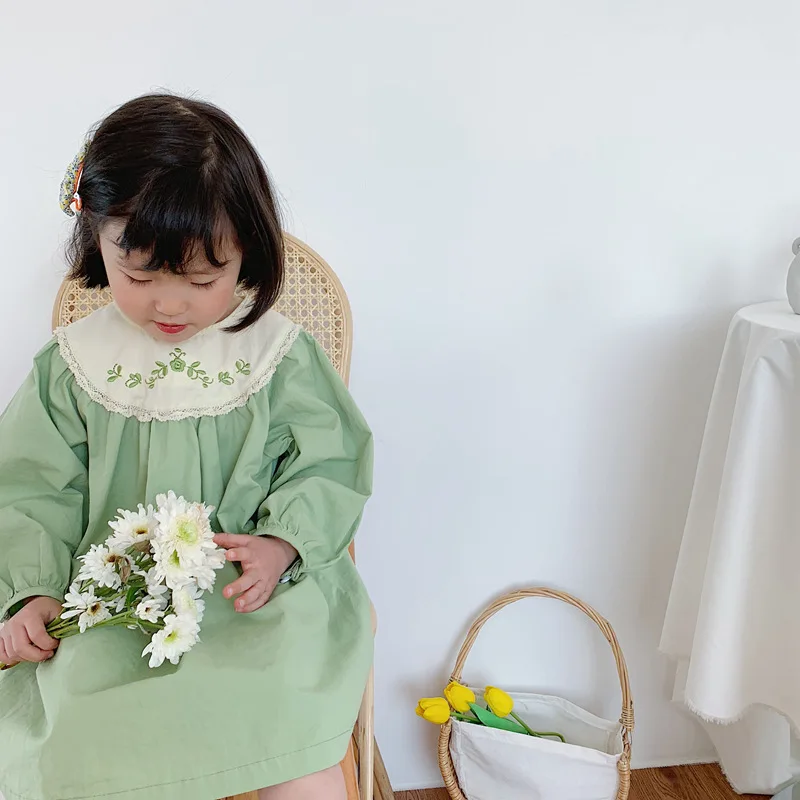 Spring little princess floral embroidery dresses New style cotton loose patchwork long sleeve dress | Детская одежда и обувь