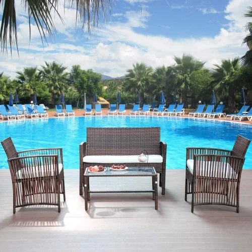 

4 PC Hollow Stripe Rattan Patio Furniture Set with Tempered Glass Table Top