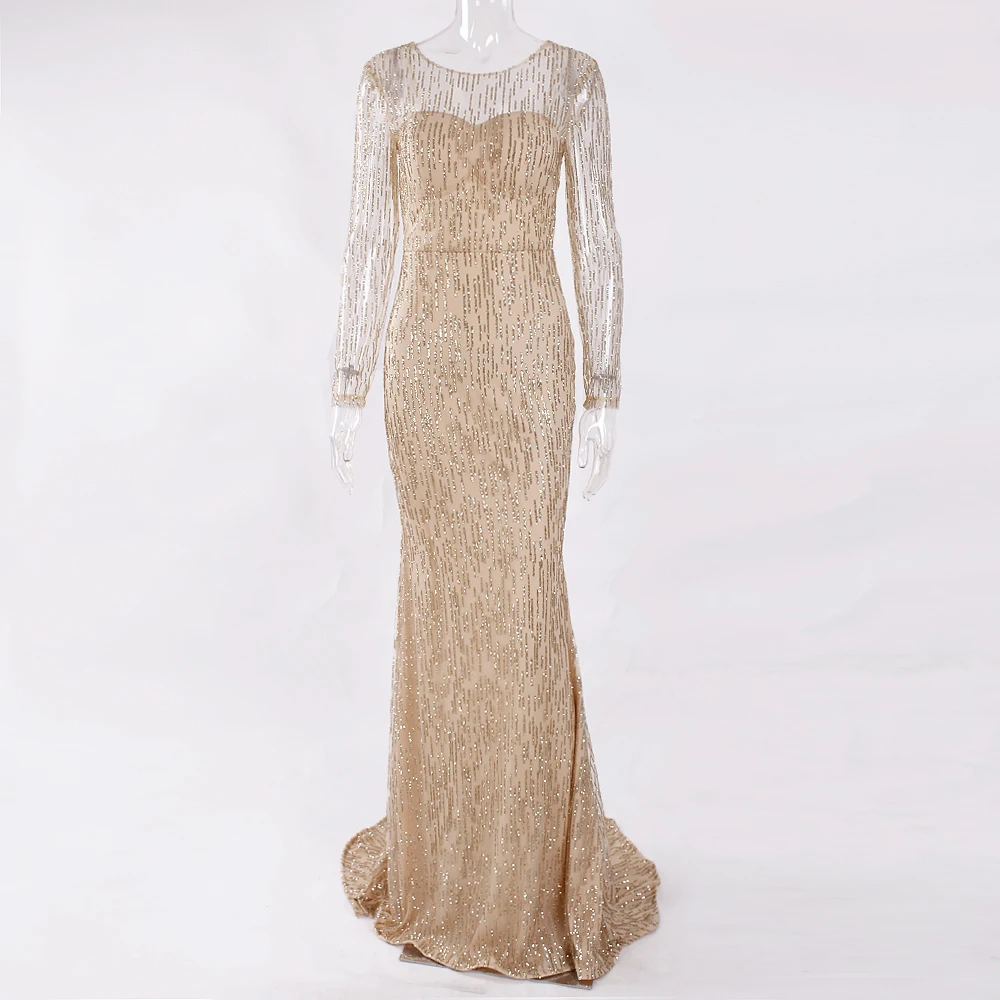 Золотое блестящее вечернее платье с длинными рукавами с открытой спиной и круглым вырезом, блестящее длинное платье в пол